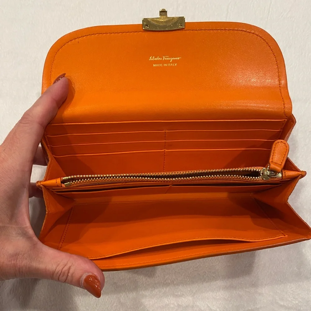 Ferragamo Orange Leather Continental Wallet with Gold Clasp